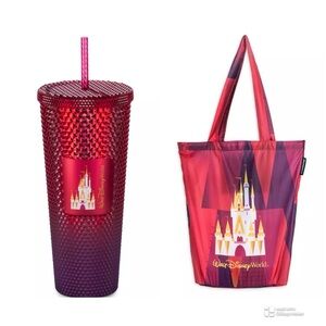 Disney NWT Starbucks WDW Castle Red 24 oz Tumbler w/Straw & Tote Bag